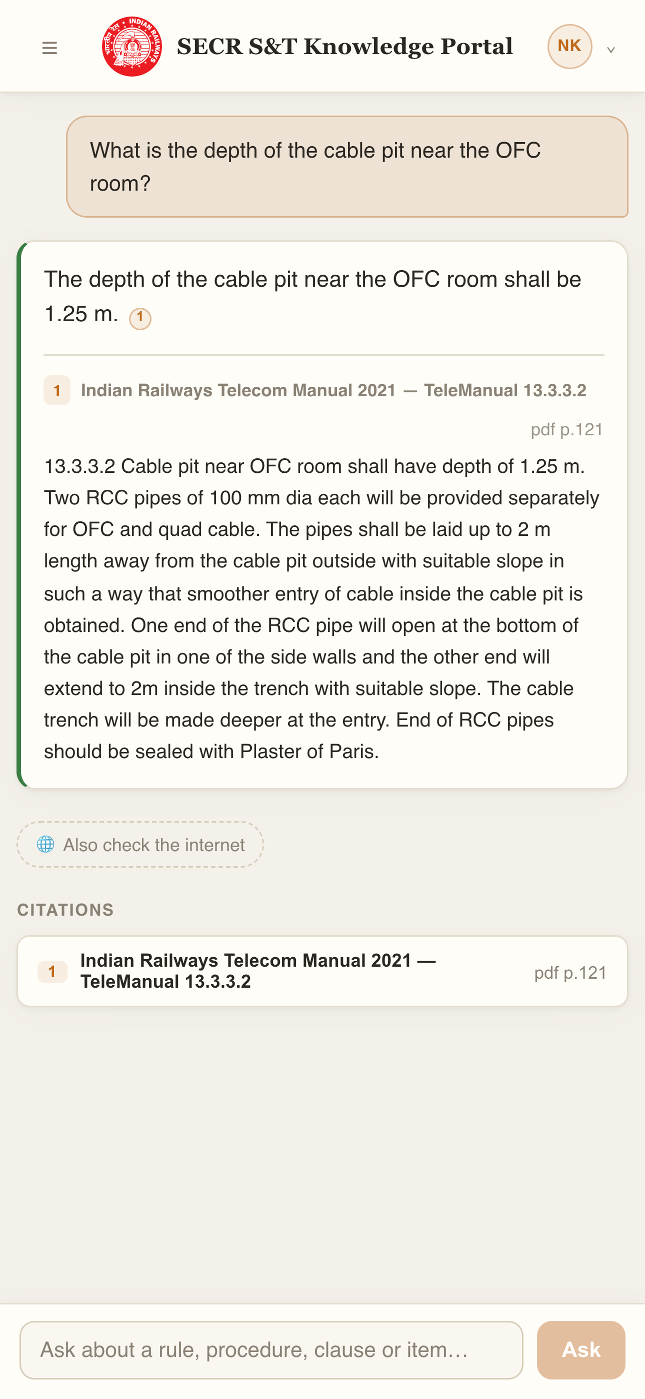 Portal on a phone — a cited answer with its citations block