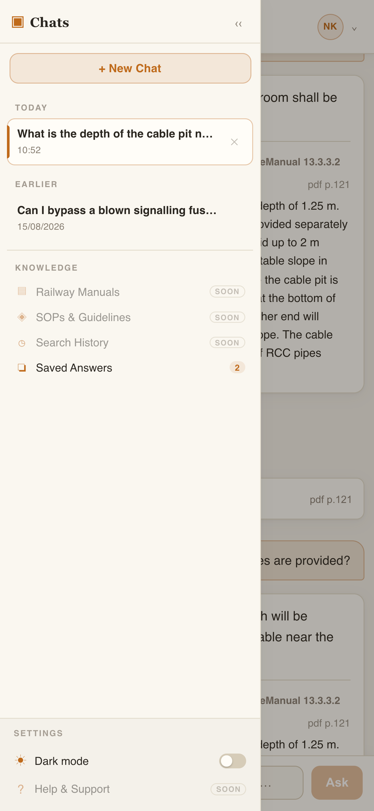 Portal on a phone — the chats sidebar with saved answers and settings