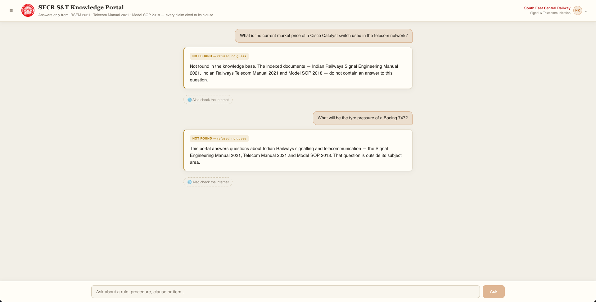 A refusal: not found in the knowledge base